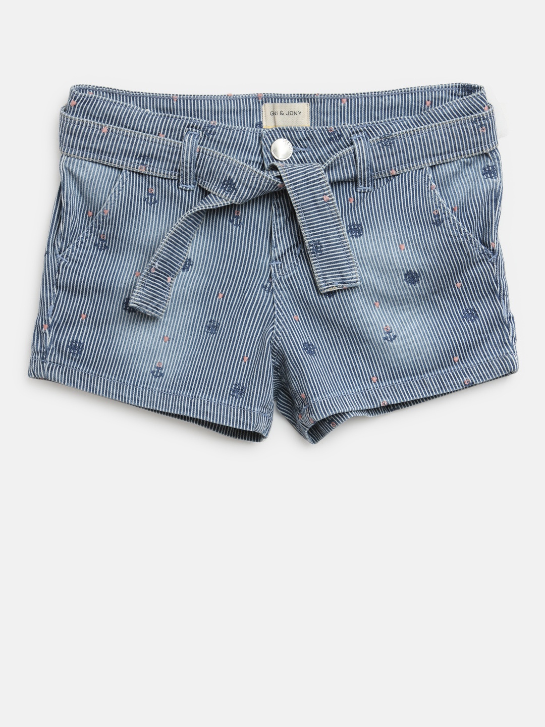 

Gini and Jony Girls Blue & White Striped Washed Denim Shorts