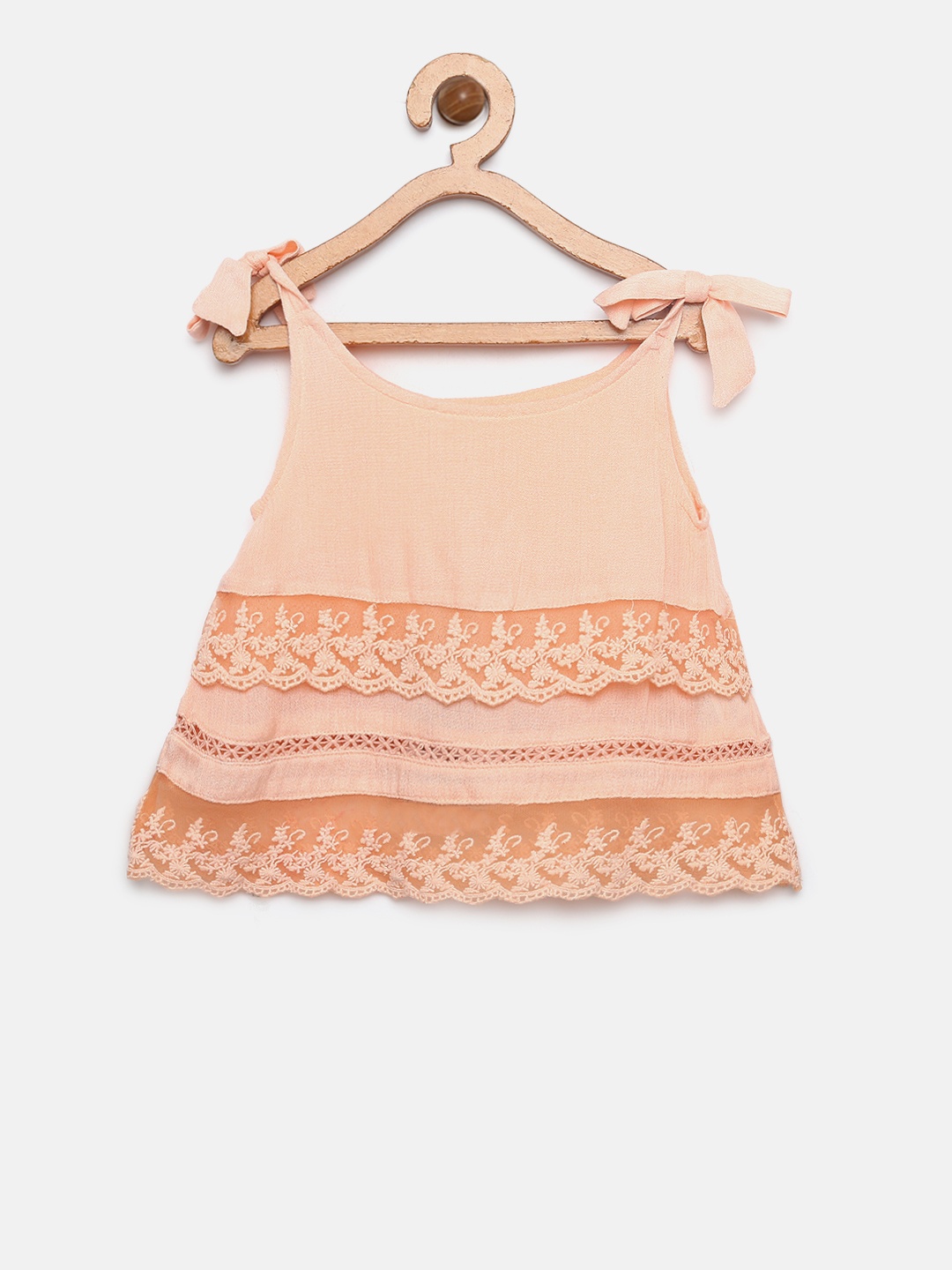 

Gini and Jony Girls Peach-Coloured Solid Lace Inserts A-Line Top