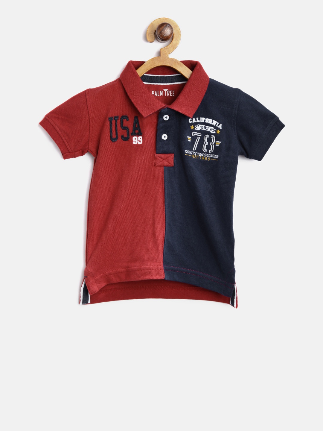 

Palm Tree Boys Navy & Maroon Colourblocked Polo Collar T-shirt, Navy blue