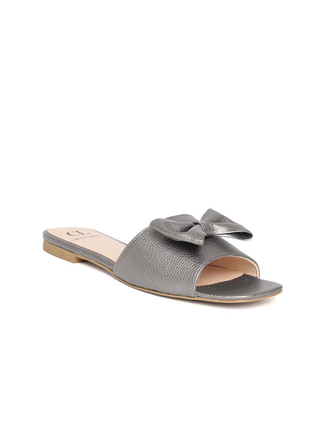 

Carlton London Women Gunmetal-Toned Solid Bow Detail Open Toe Flats, Metallic