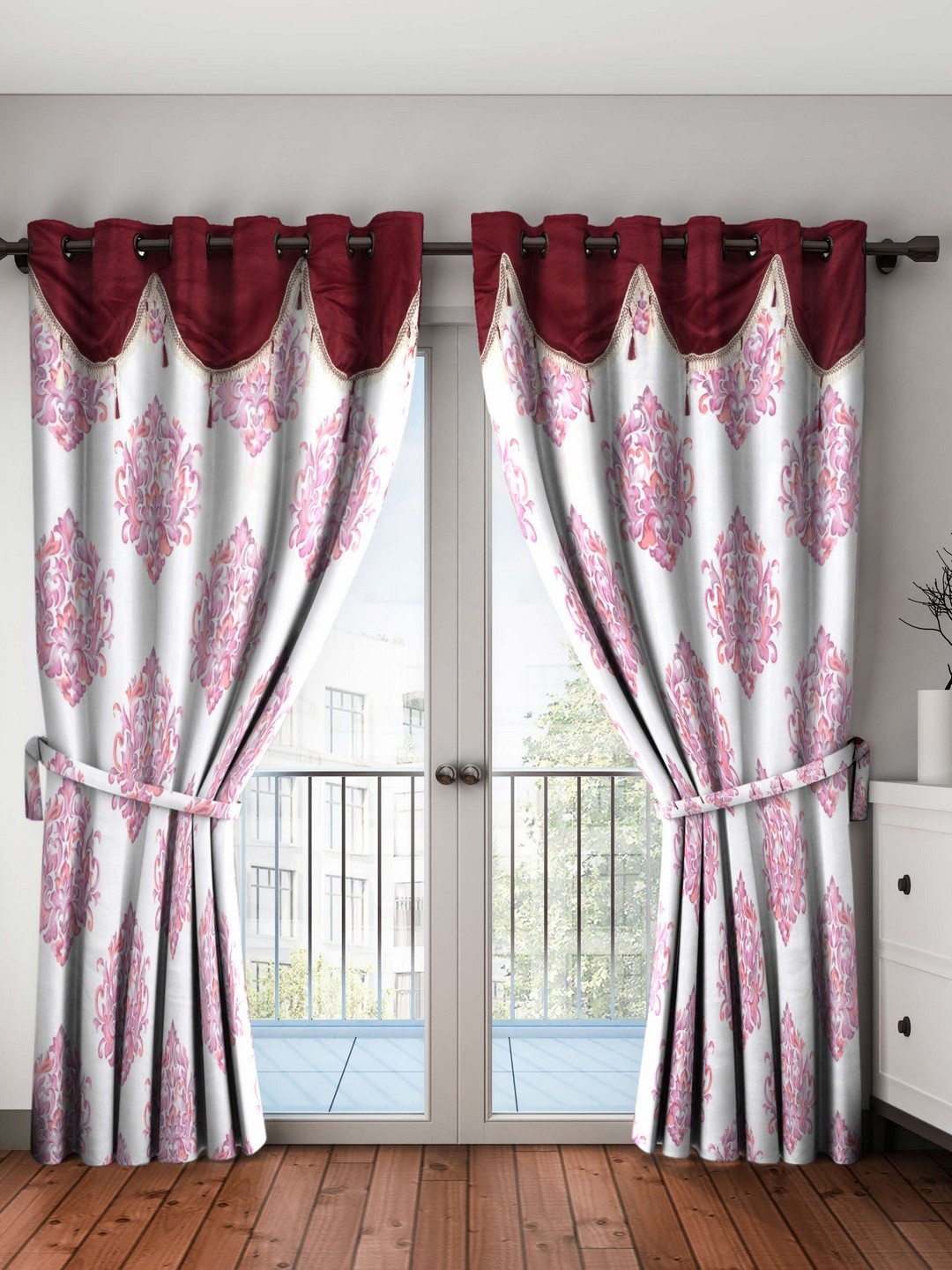 

Cortina Maroon & White Set of Single Door Curtains