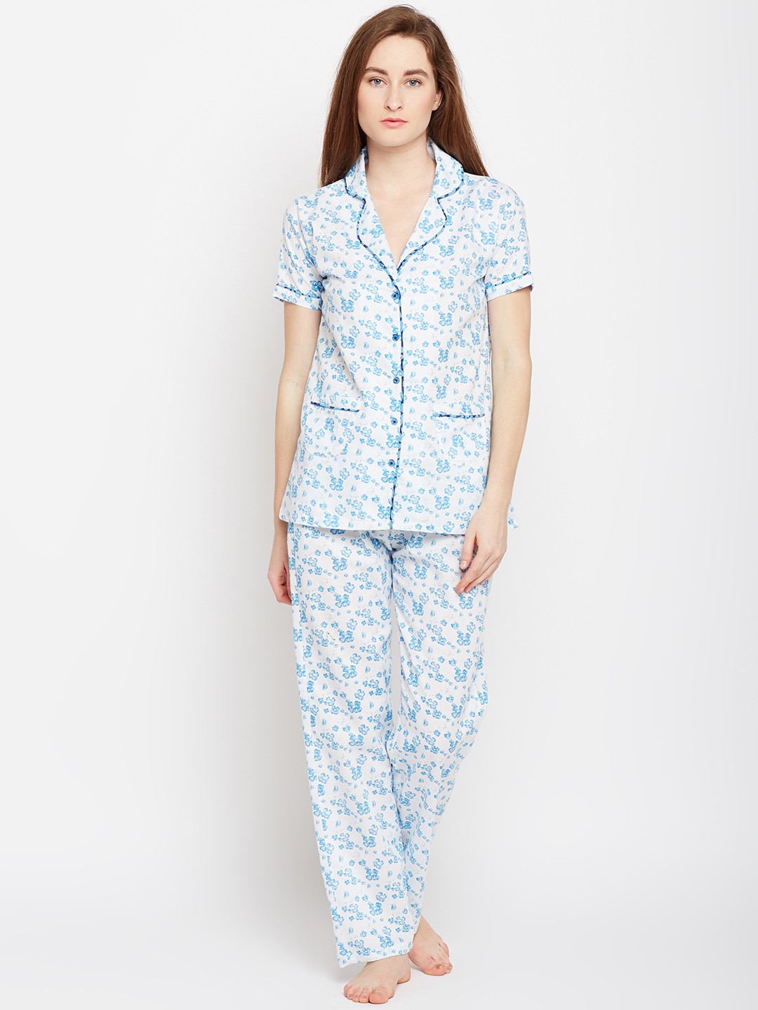 

Claura Women White & Blue Printed Night Suit cot-74