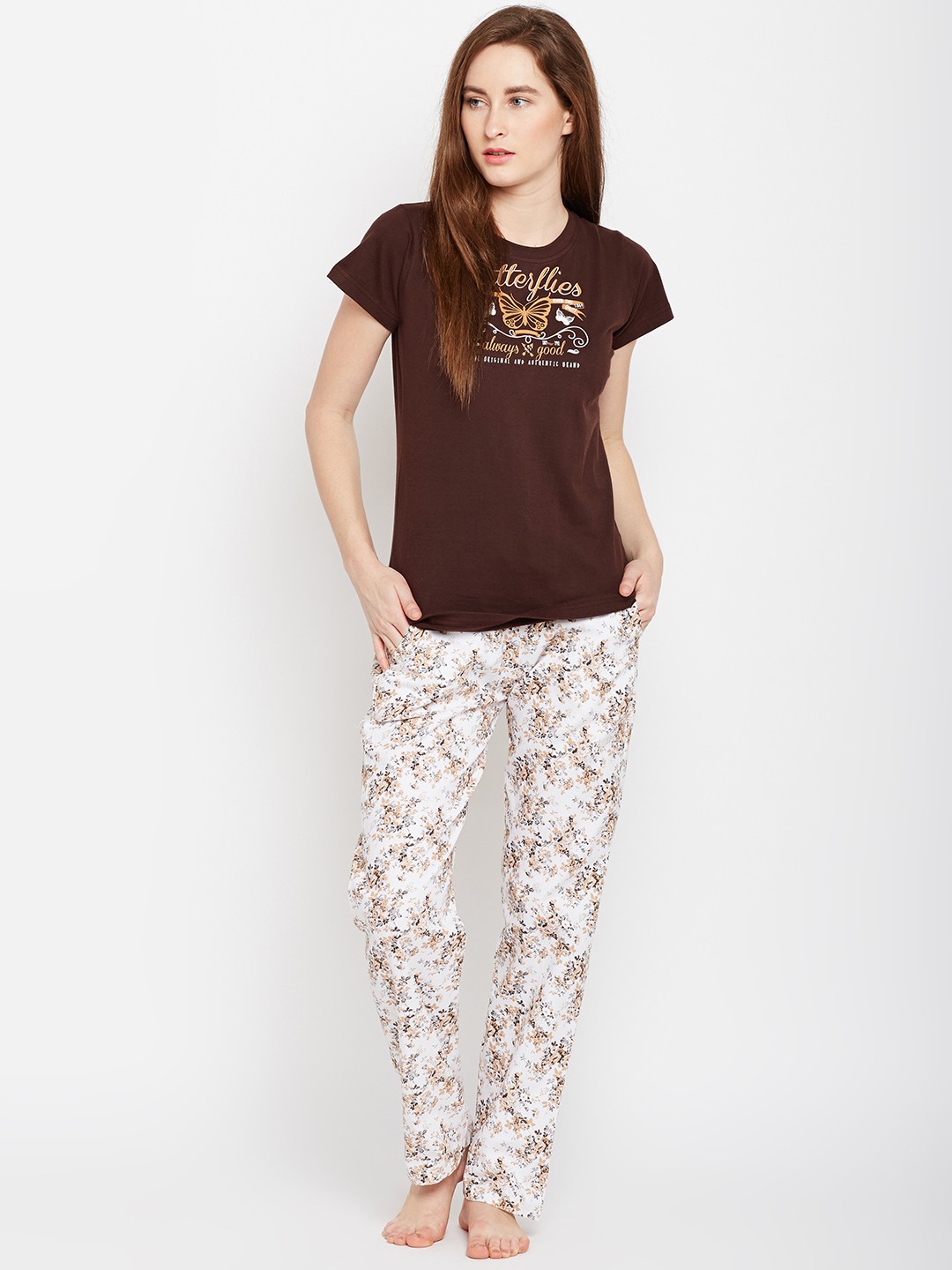

Claura Women Coffee Brown & White Printed Night Suit cot-72