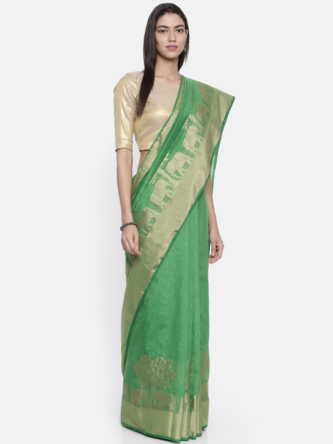 

KUPINDA Green Art Silk Solid Kanjeevaram Saree