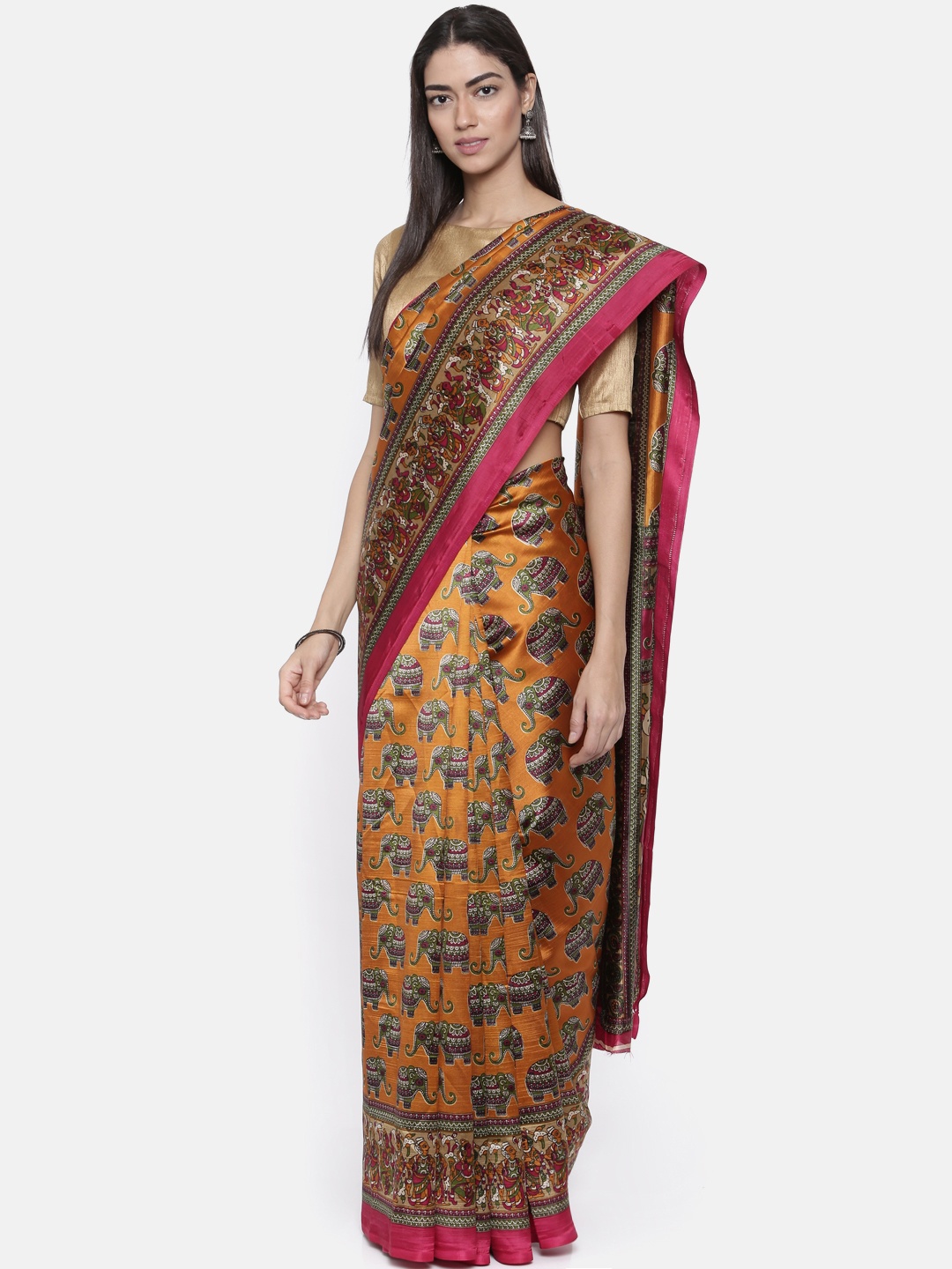 

KUPINDA Orange Printed Art Silk Saree