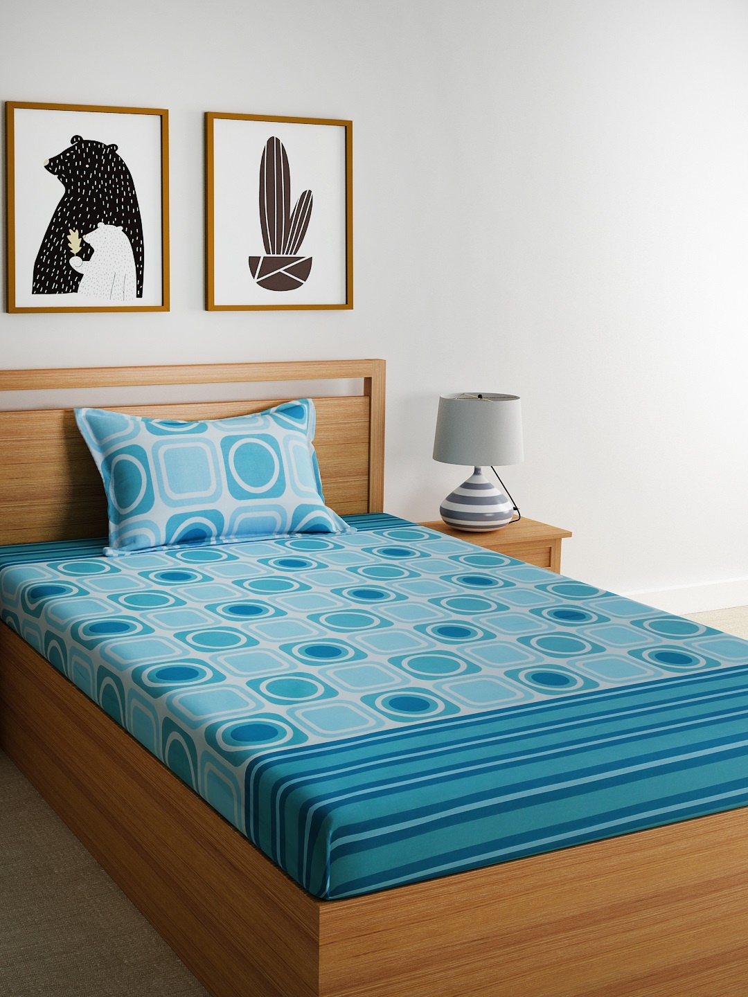 

Dreamscape Blue Geometric Flat 144 TC Cotton Single Bedsheet with 1 Pillow Cover