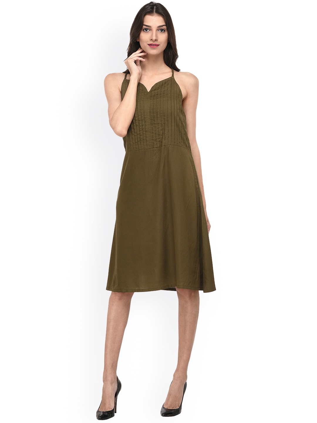 

PURYS Women Olive Green Solid Fit and Flare Dress