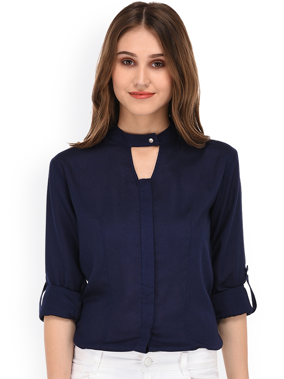 

PURYS Women Navy Blue Smart Regular Fit Solid Casual Shirt
