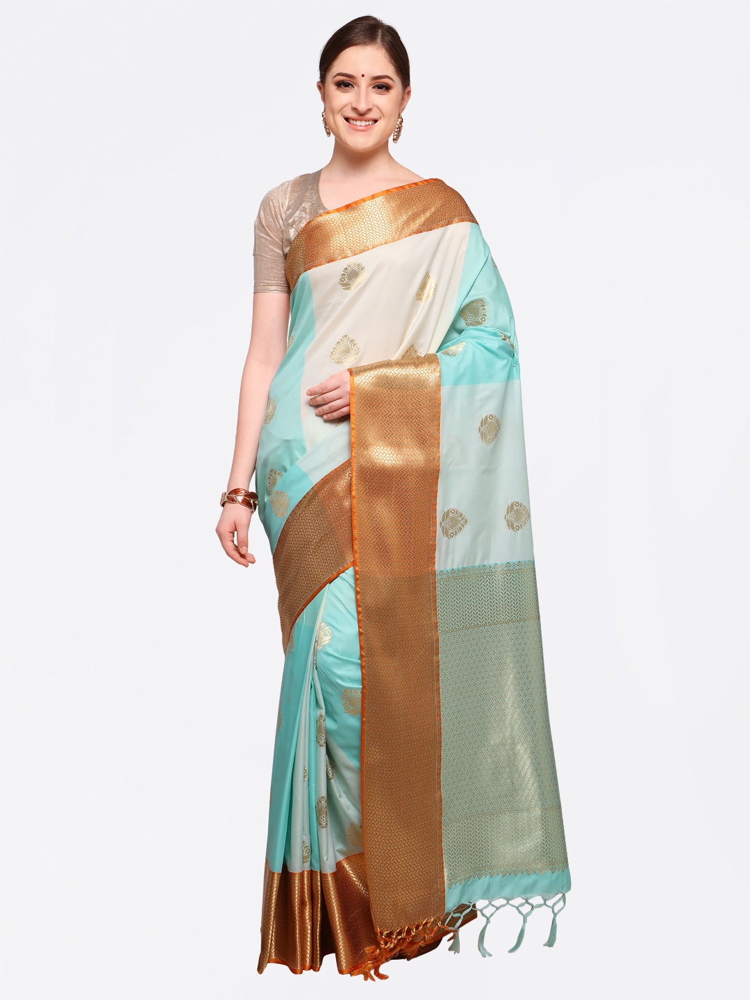 

Varkala Silk Sarees Turquoise Blue & White Silk Blend Woven Design Kanjeevaram Saree