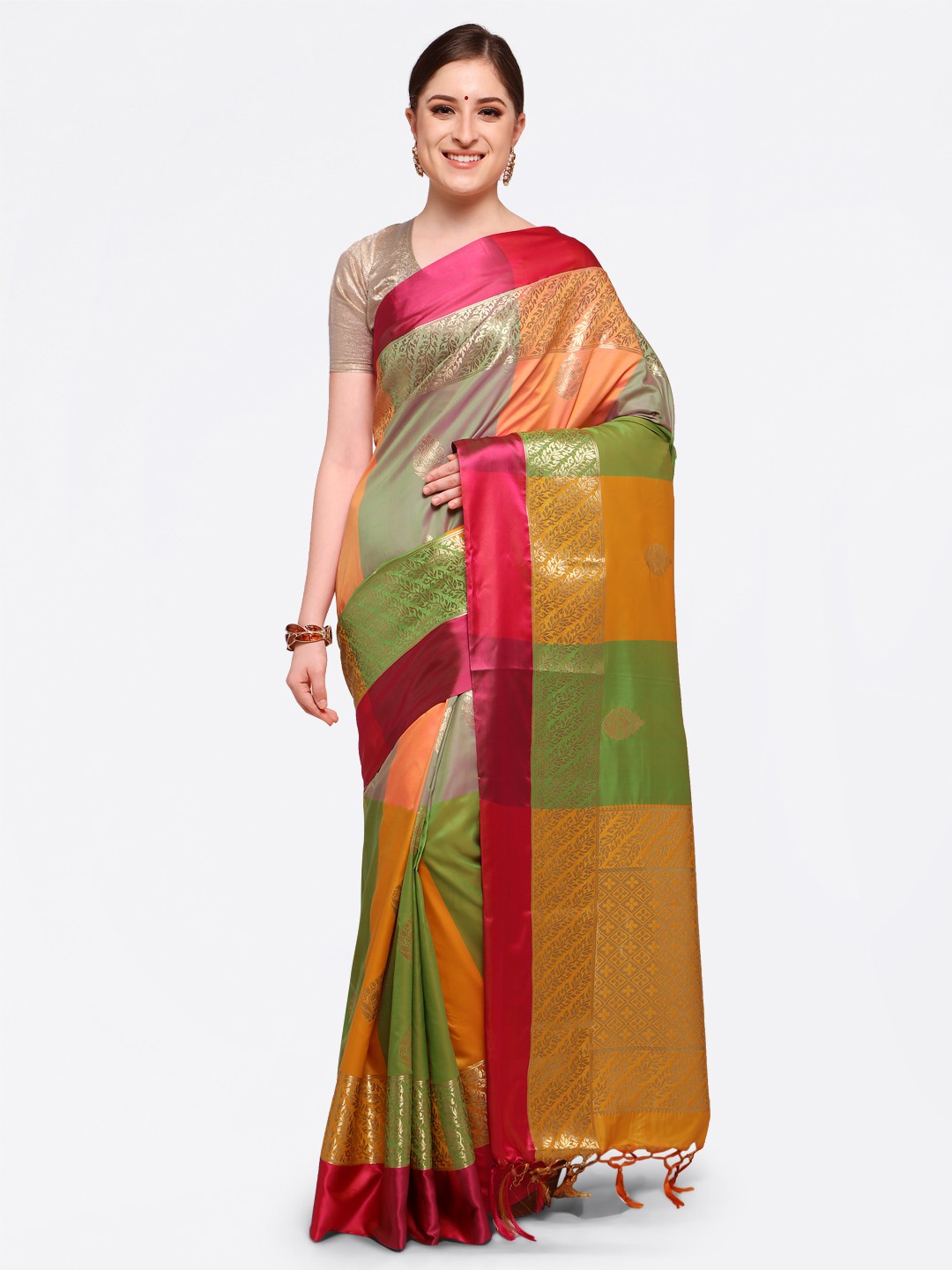 

Varkala Silk Sarees Multicoloured Silk Blend Woven Design Kanjeevaram Saree, Multi
