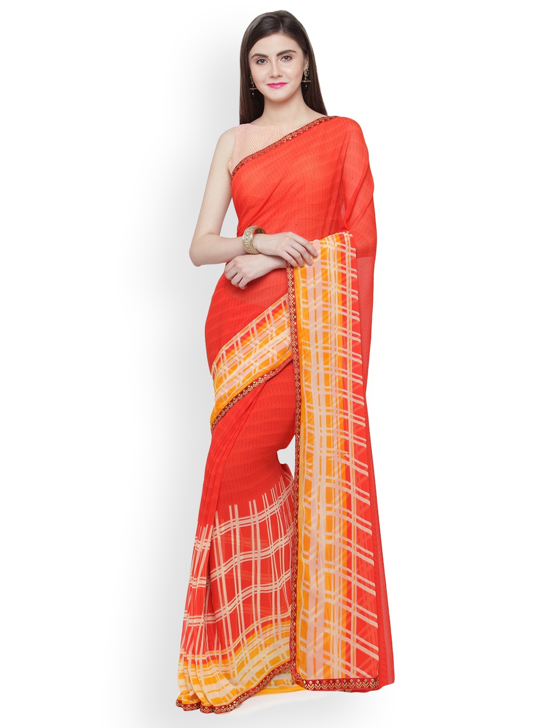 

Shaily Orange & Yellow Printed Pure Georgette Saree