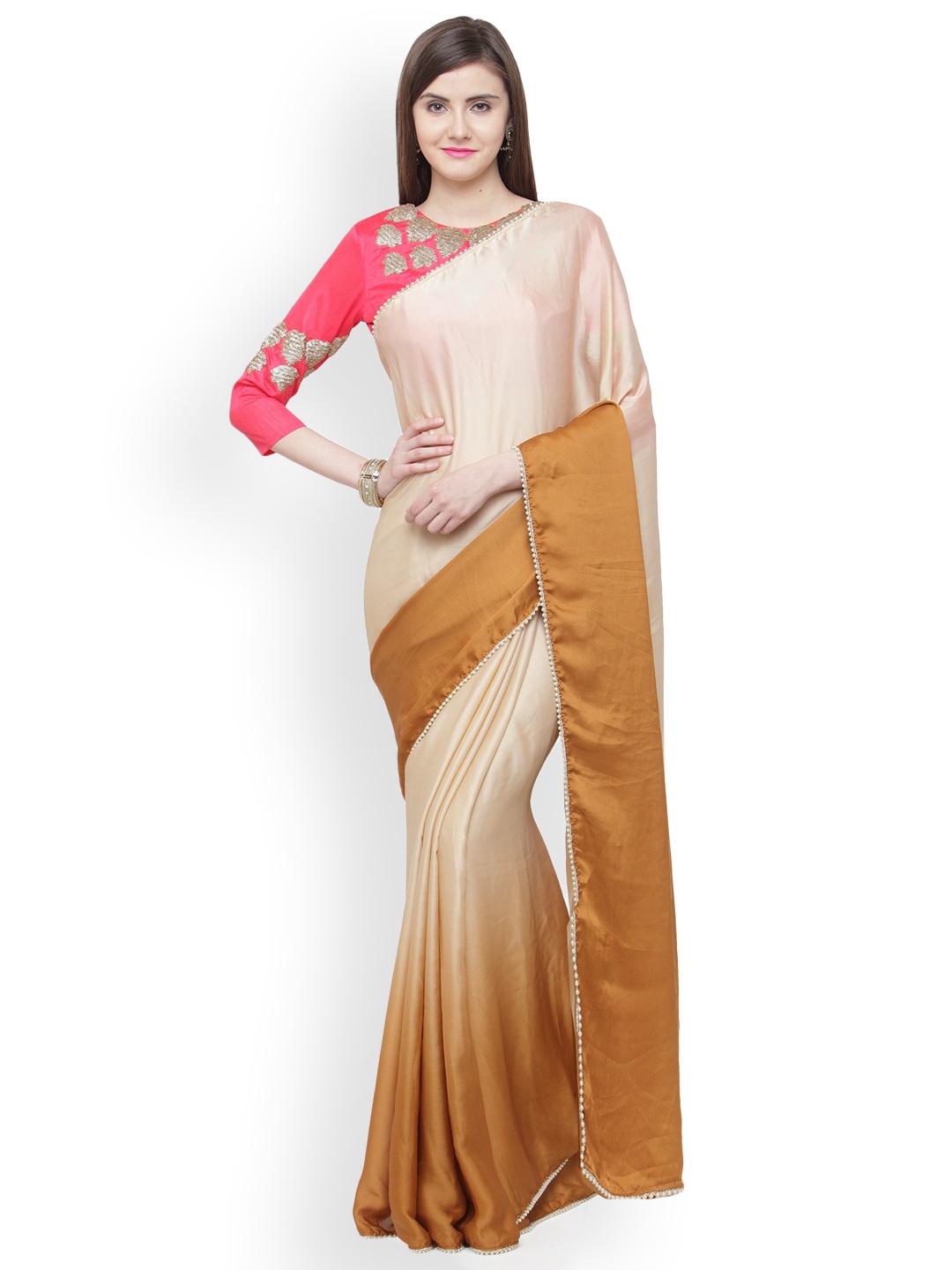 

Shaily Beige & Cream-Coloured Satin Solid Saree