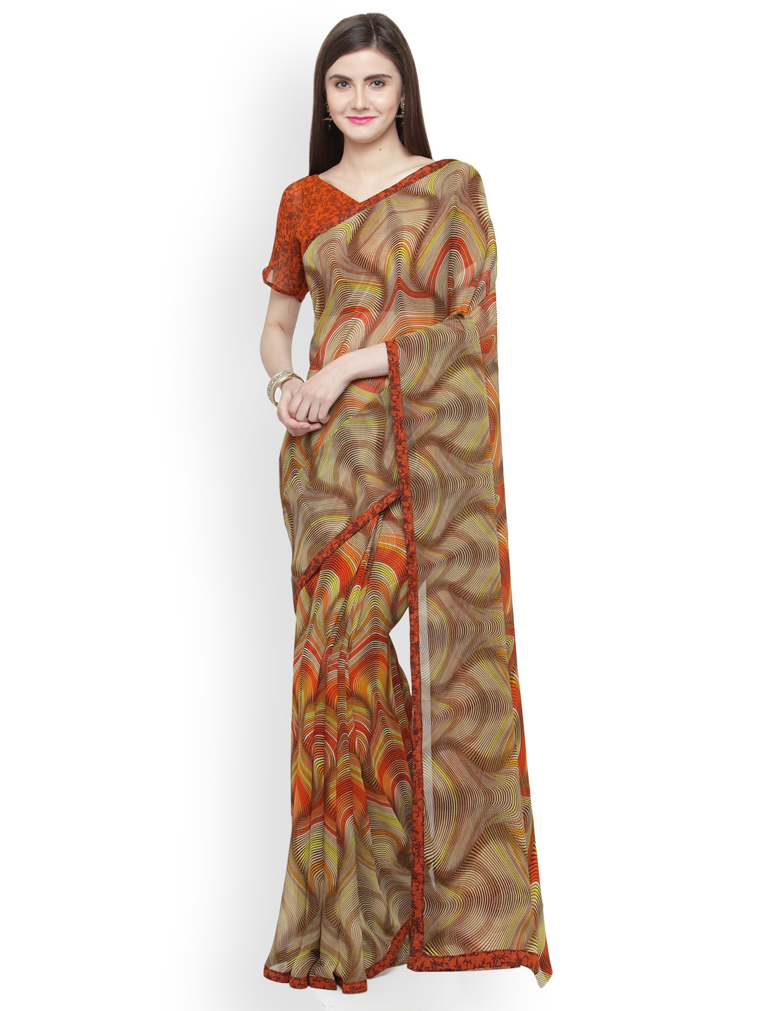 

Shaily Brown & Rust Orange Pure Georgette Printed Saree