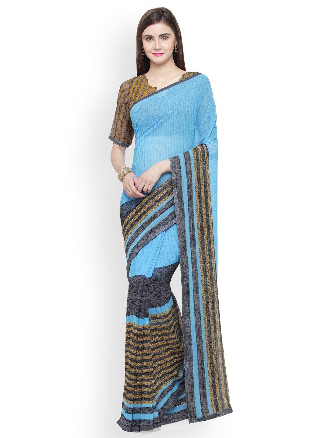 

Shaily Blue & Grey Pure Georgette Printed Saree