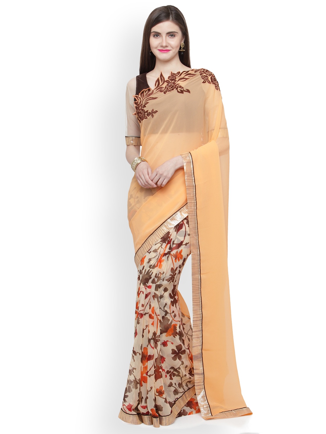 

Shaily Peach-Coloured & Brown Pure Georgette Embroidered Saree