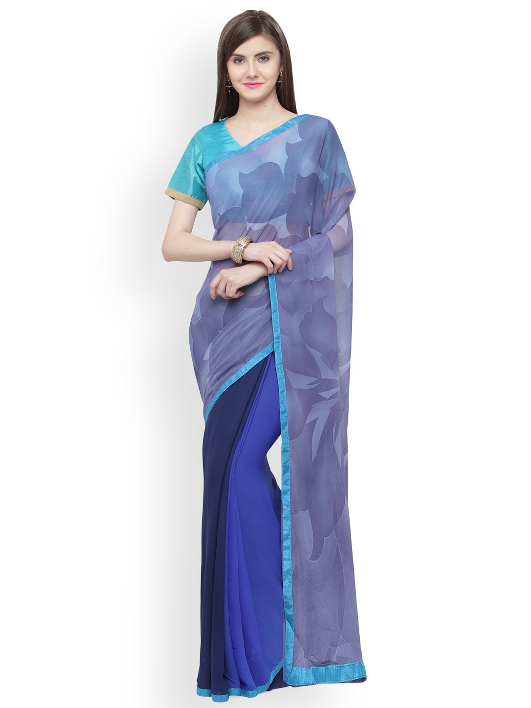 

Shaily Blue & Grey Pure Georgette Printed Saree