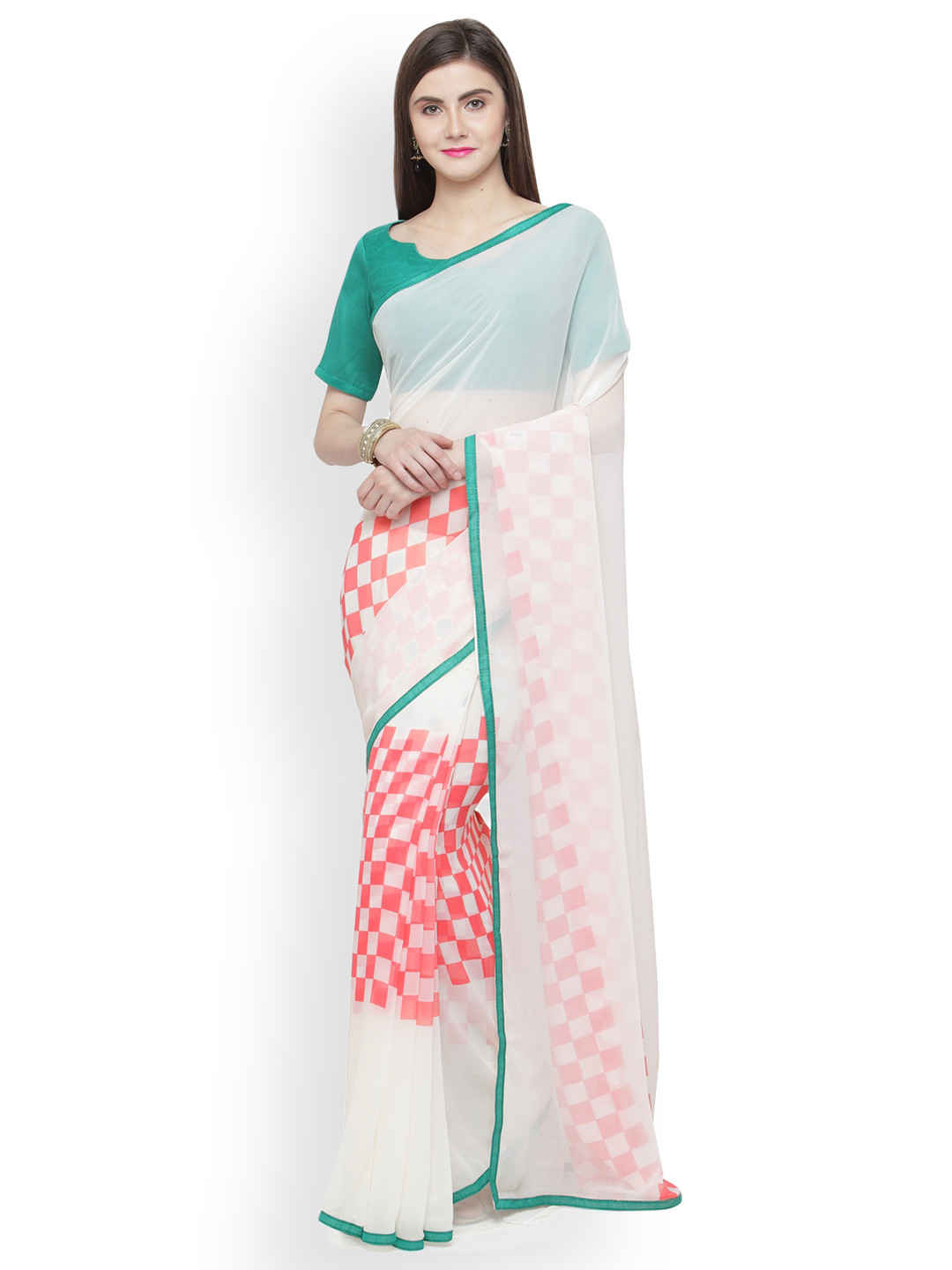 

Shaily Off-White & Pink Pure Georgette Printed Saree