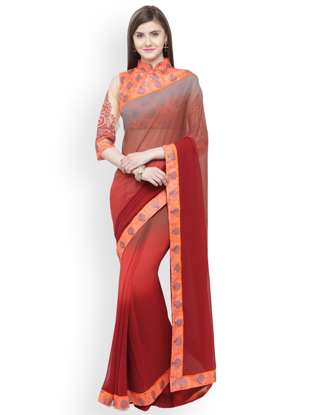 

Shaily Maroon Solid Pure Georgette Saree