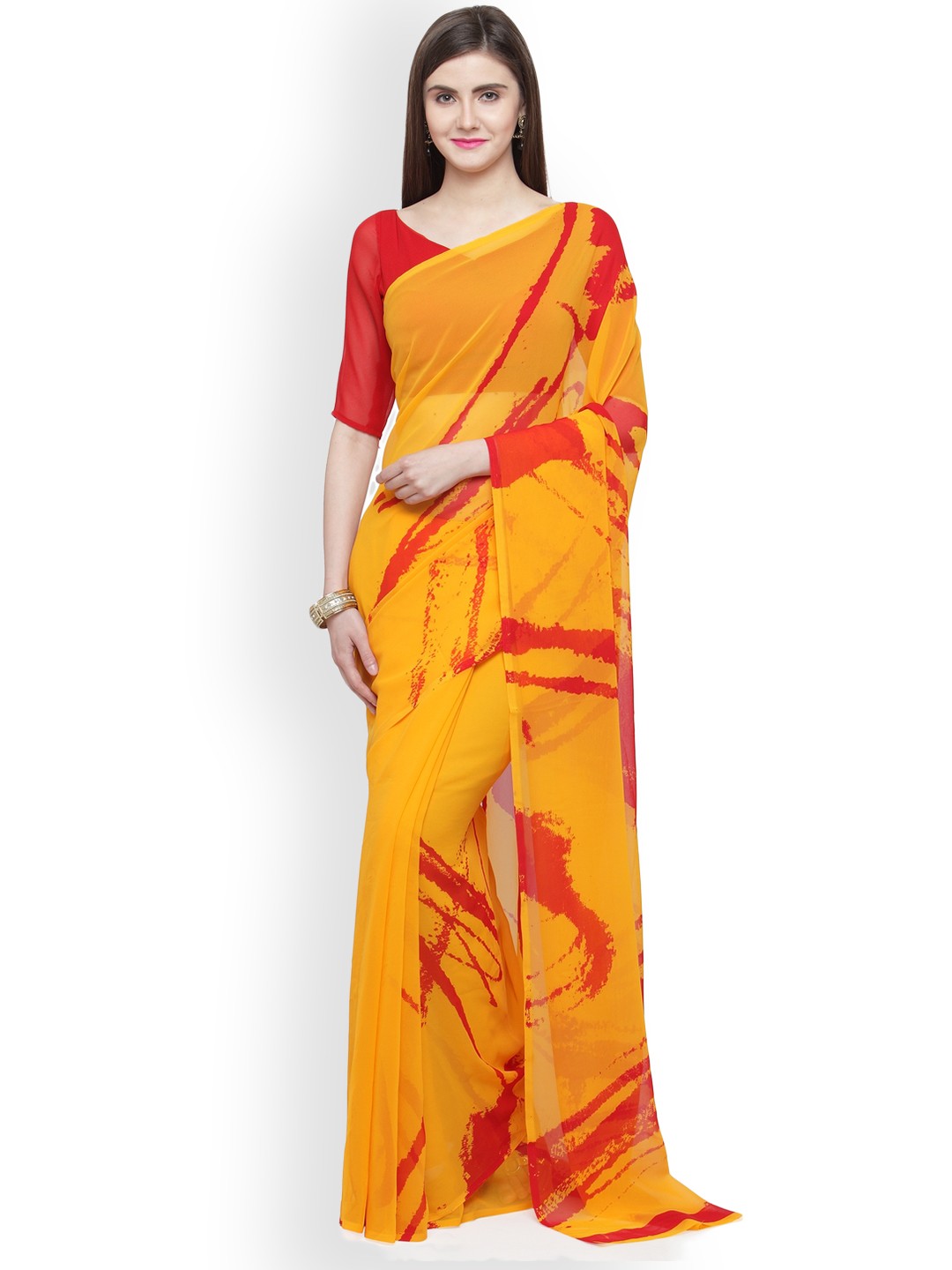 

Shaily Yellow Printed Pure Georgette Saree
