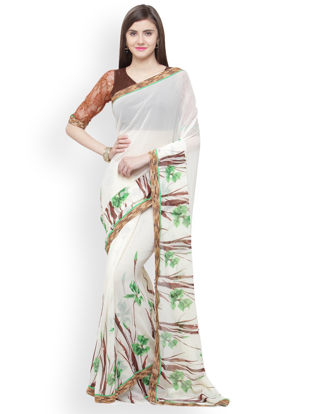 

Shaily Off-White & Brown Pure Georgette Printed Saree