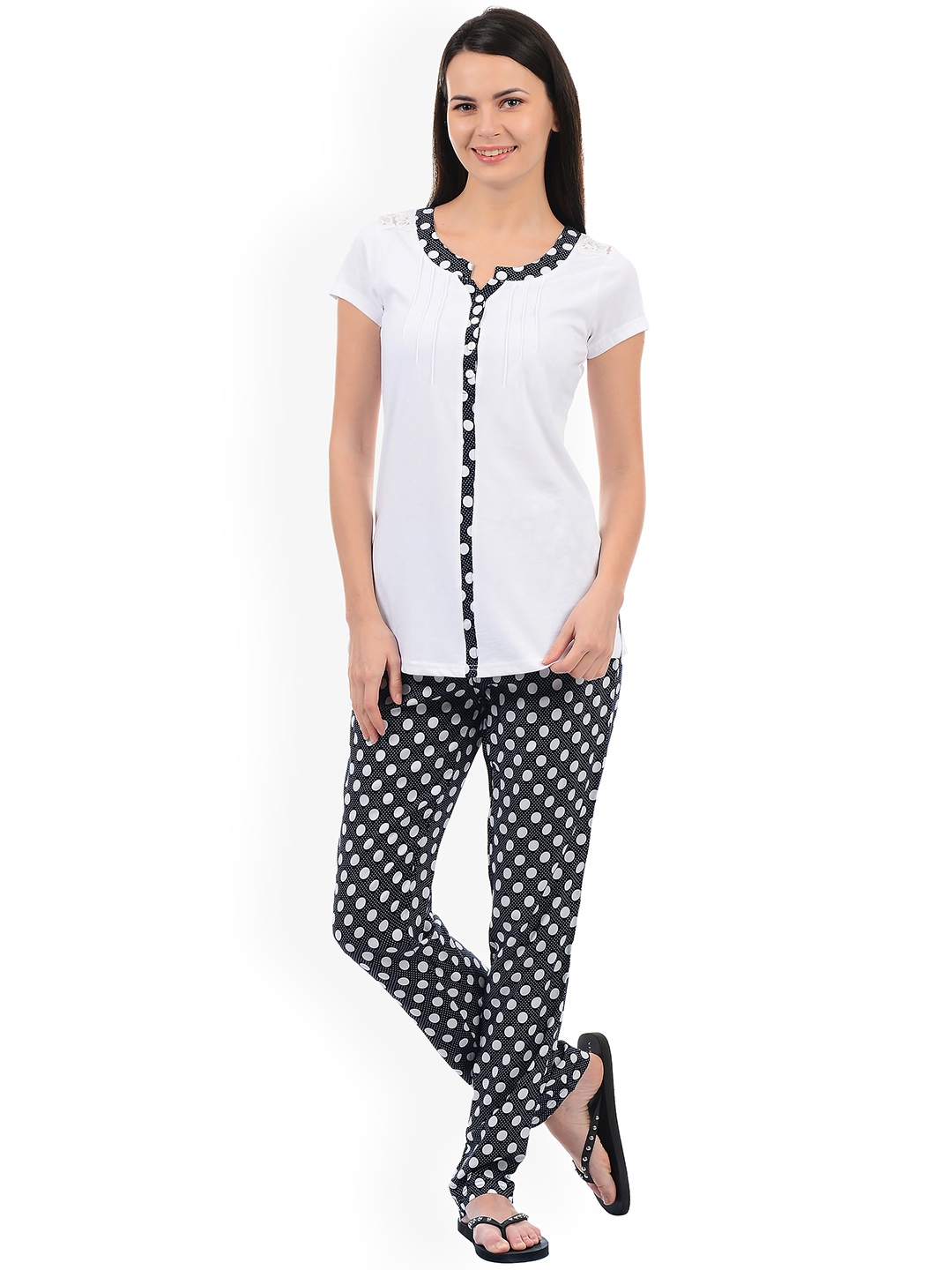 

Sweet Dreams Women White & Navy Blue Solid Night Suit With Printed Details