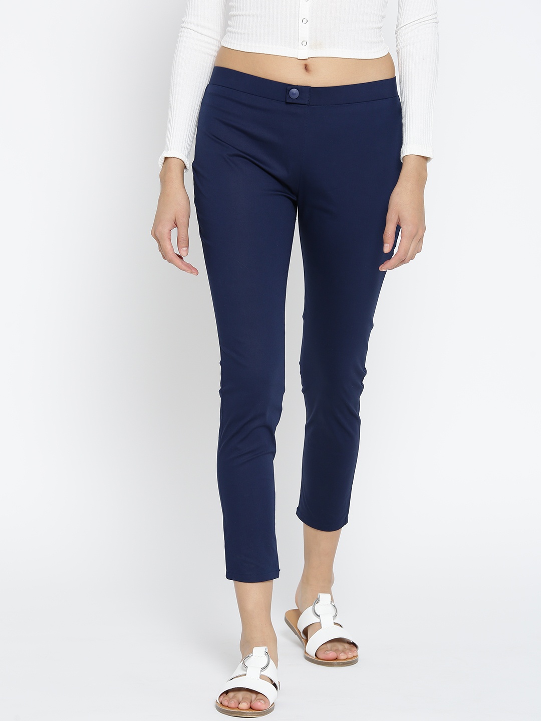 

Span Women Navy Solid Cropped Treggings, Navy blue