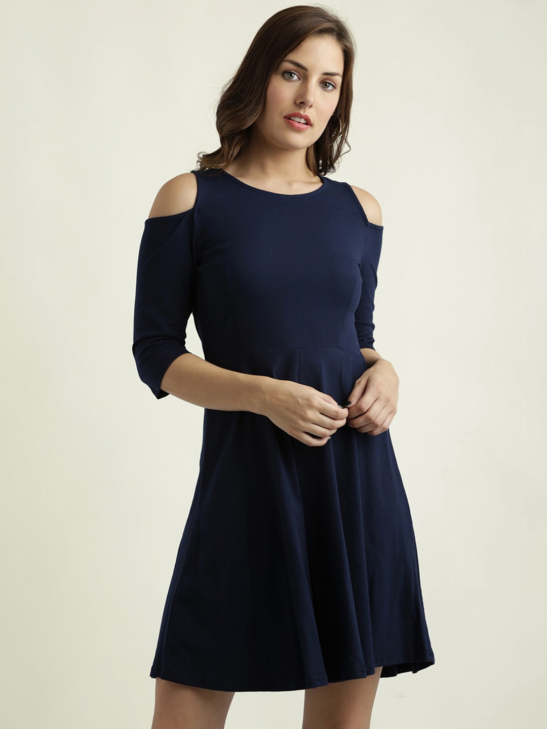 

Miss Chase Women Navy Blue Solid Cold Shoulder Fit and Flare Dress