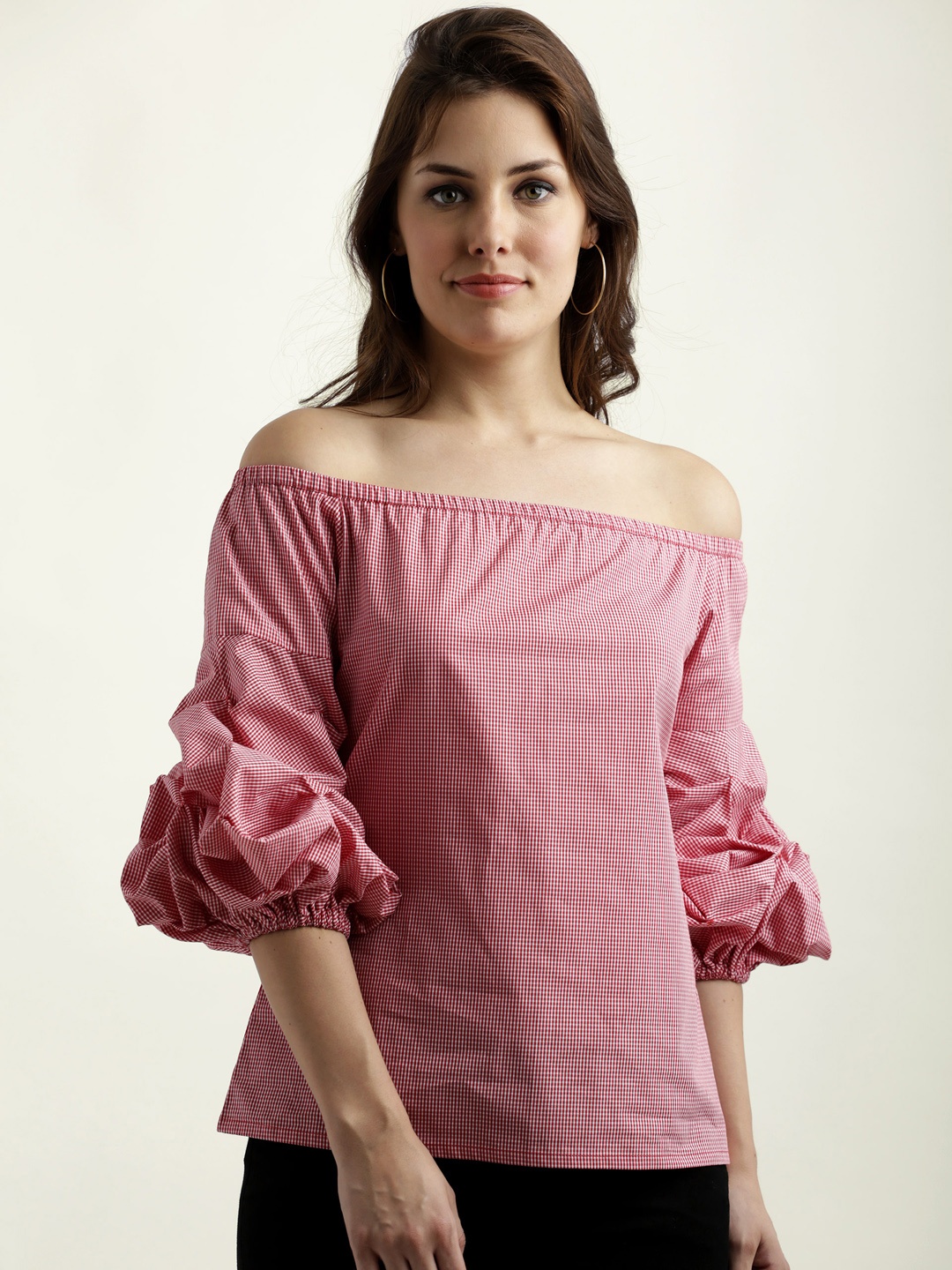 

Miss Chase Women Red Checked Bardot Pure Cotton Top
