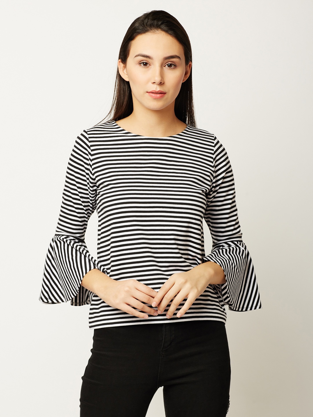 

Miss Chase Women Black Striped Pure Cotton Top