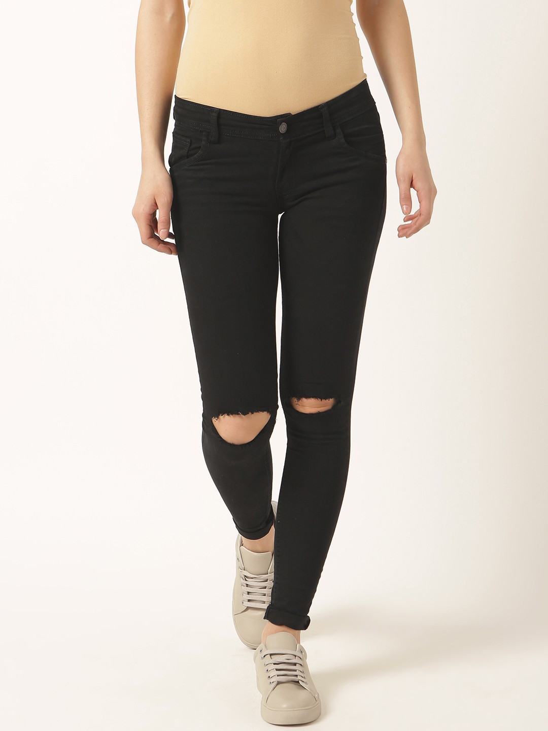

Miss Chase Women Black Slim Fit High-Rise Slash Knee Stretchable Jeans
