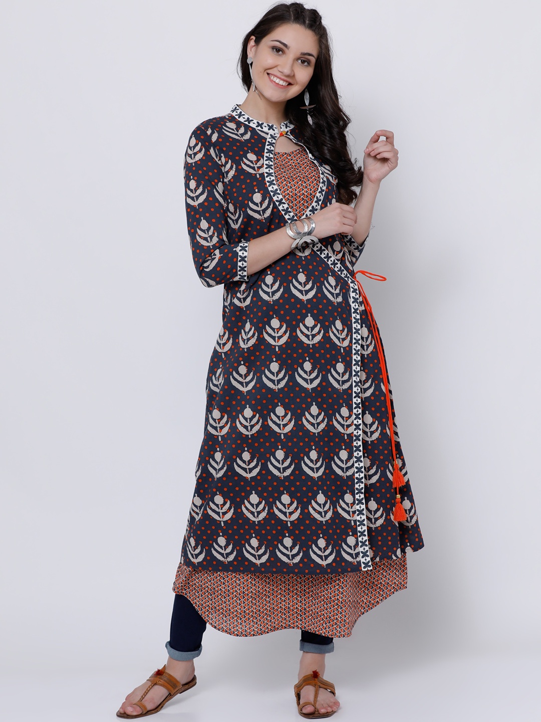 

Vishudh Women Grey & Orange Printed A-Line Kurta
