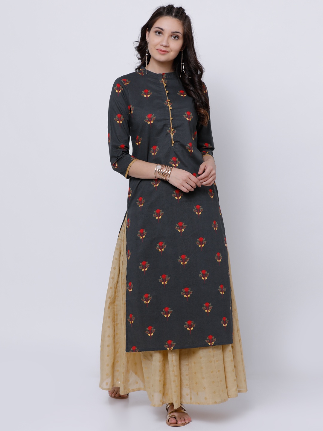 

Vishudh Women Charcoal Floral Printed Straight Kurta