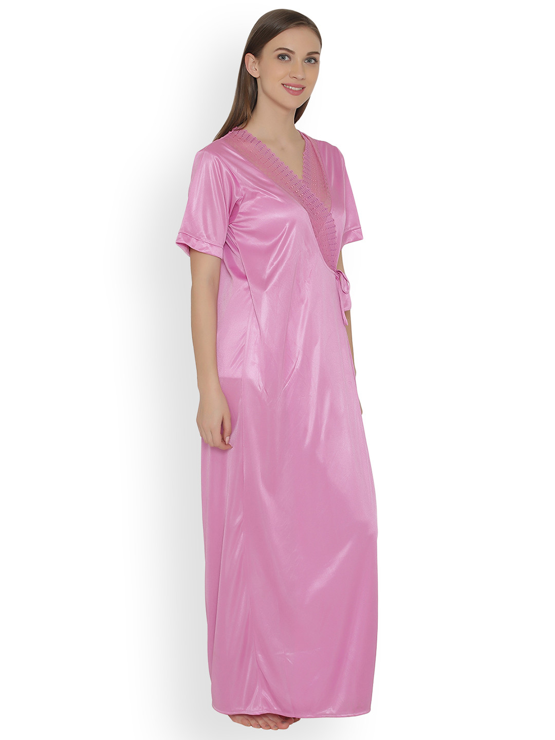 

Clovia Women Pink Solid Long Satin Robe NSM283P26