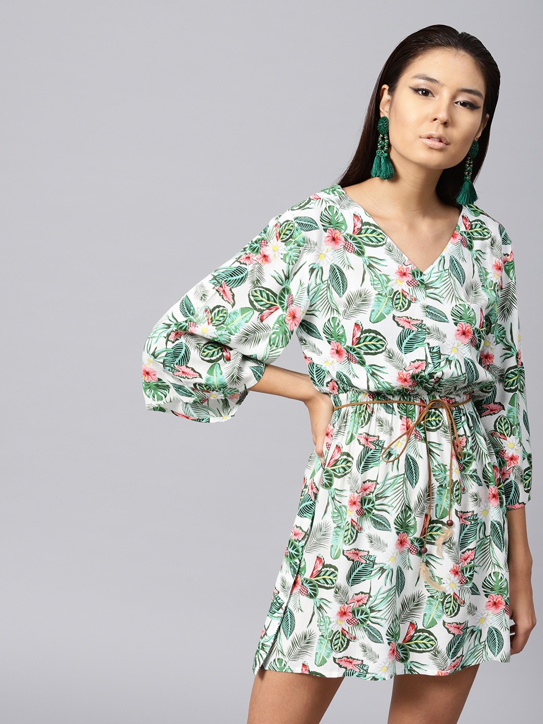 

SASSAFRAS Women White & Green Printed Blouson Dress