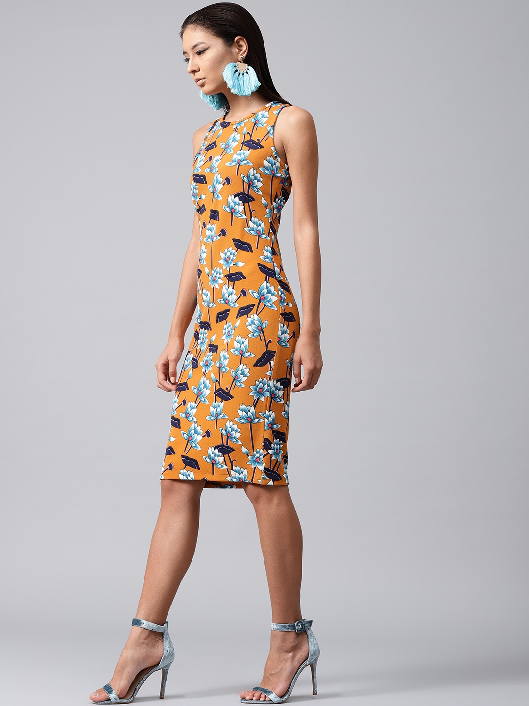 

SASSAFRAS Women Mustard Yellow Printed Sheath Dress