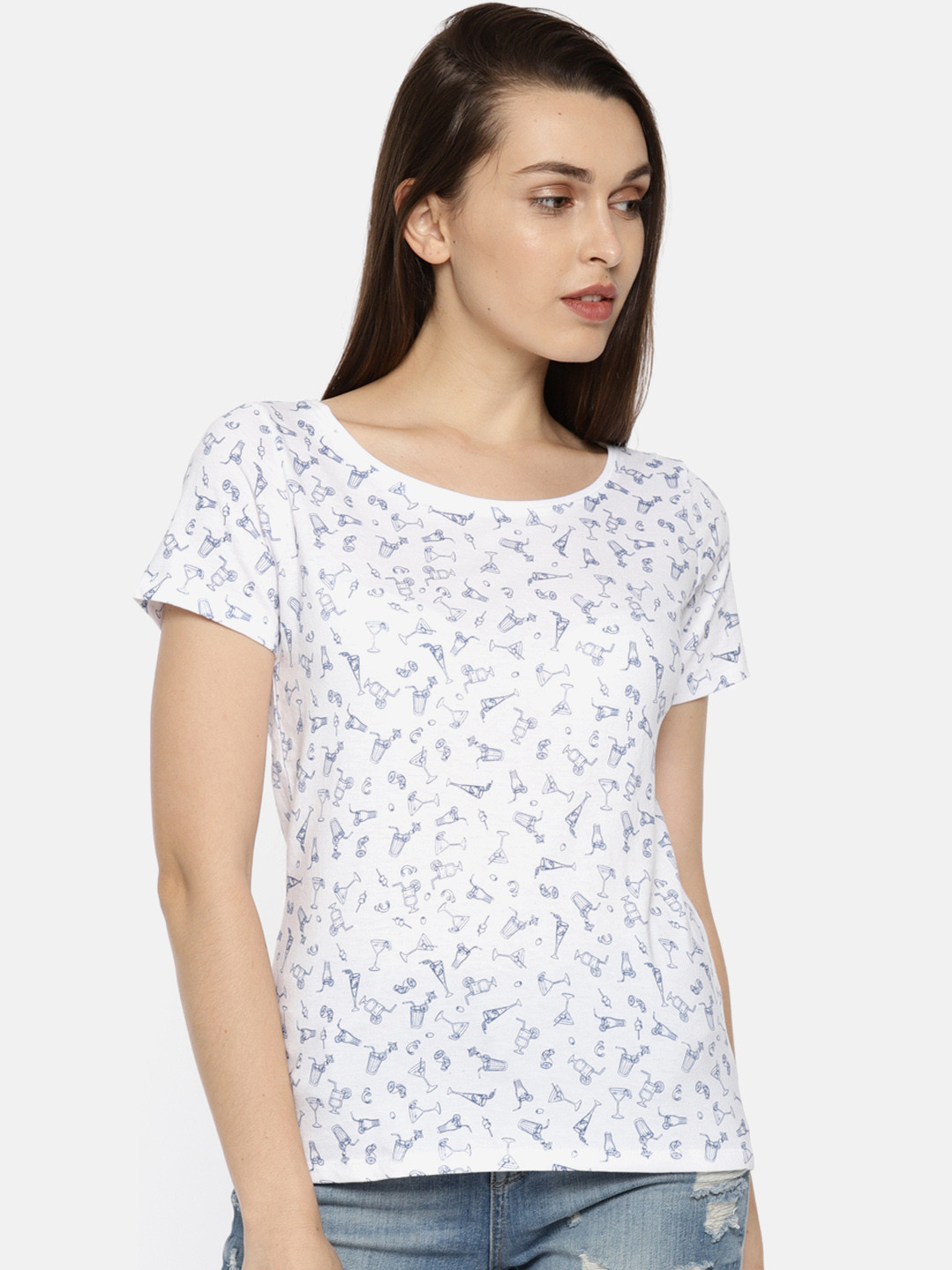 

People Women White Printed Round Neck T-shirt
