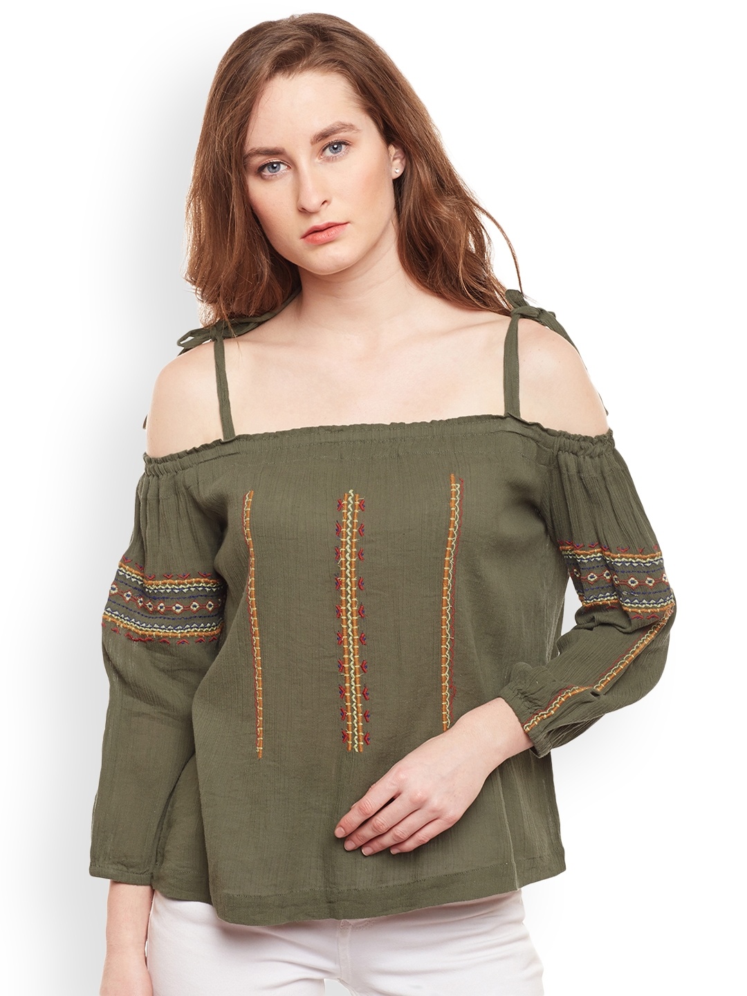 

Oxolloxo Women Olive Green Embroidered Top