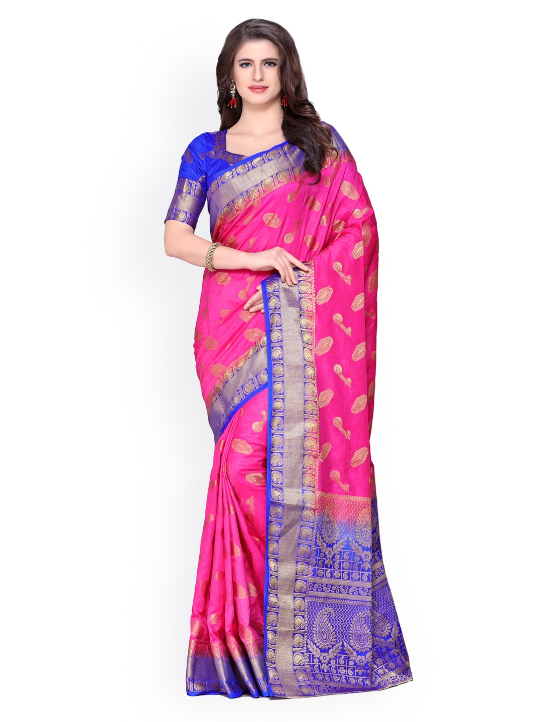 

MIMOSA Pink & Blue Art Silk Embroidered Kanjeevaram Saree