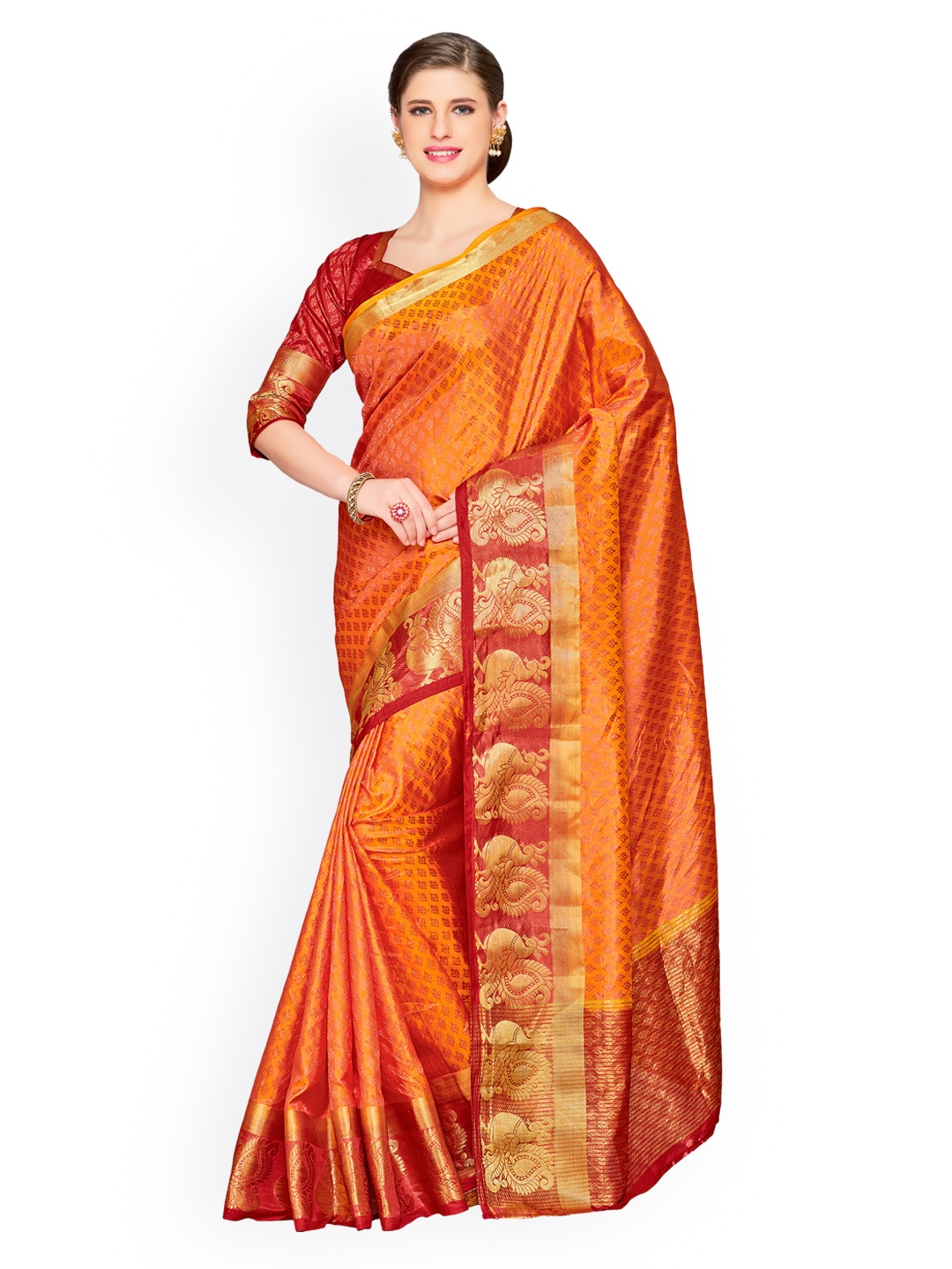 

MIMOSA Orange Art Silk Woven Design Kanjeevaram Saree