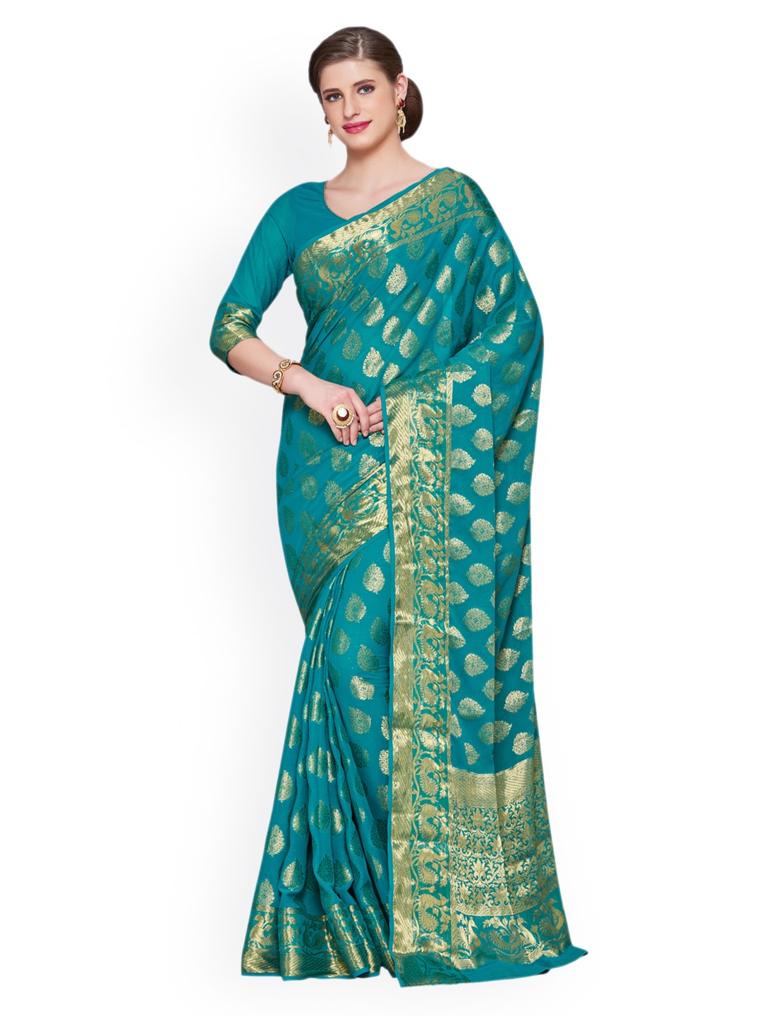 

MIMOSA Teal Poly Chiffon Embroidered Kanjeevaram Saree