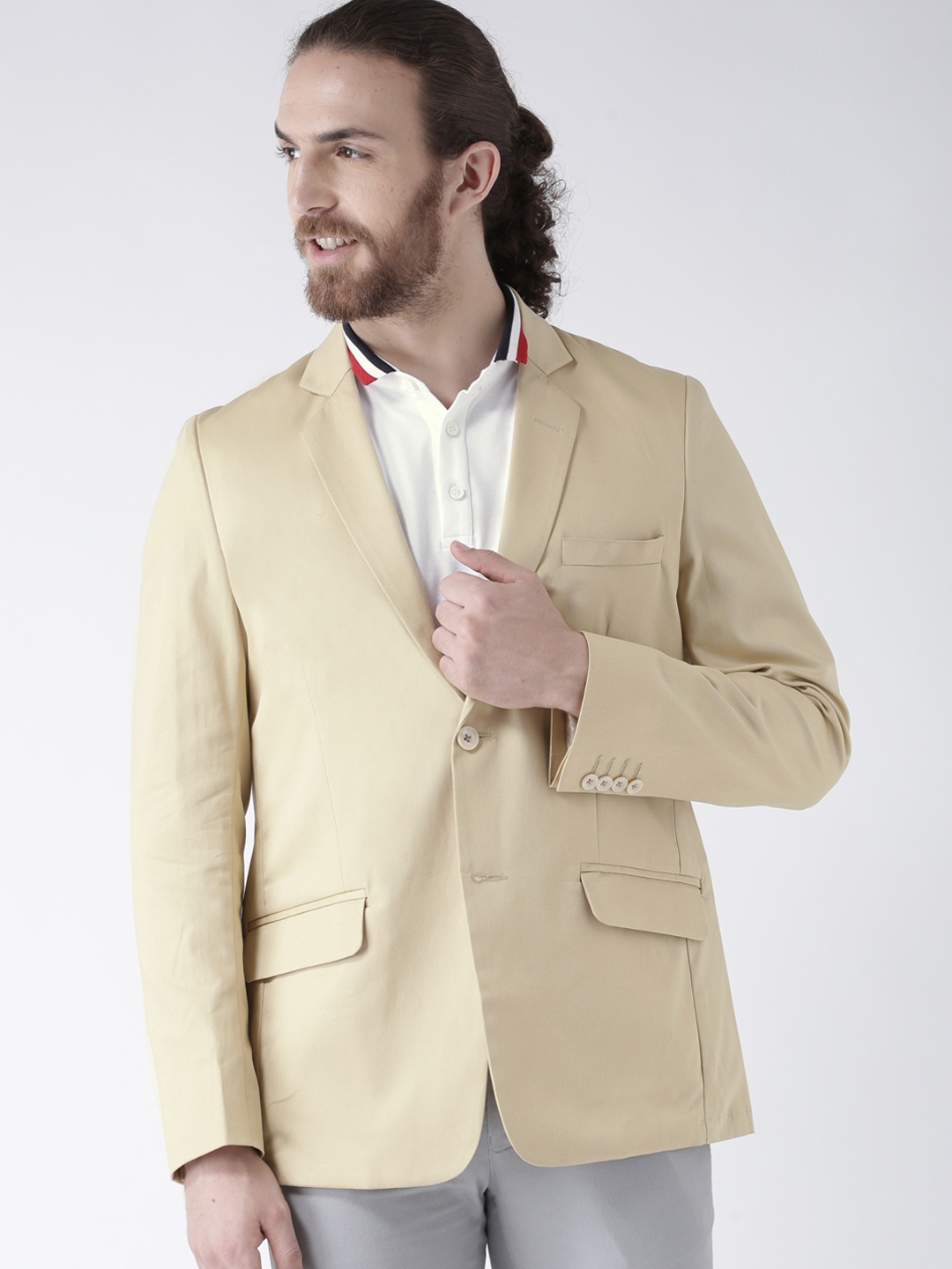 

DEYANN Cream Single-Breasted Premium Cotton Slim Fit Formal Blazer