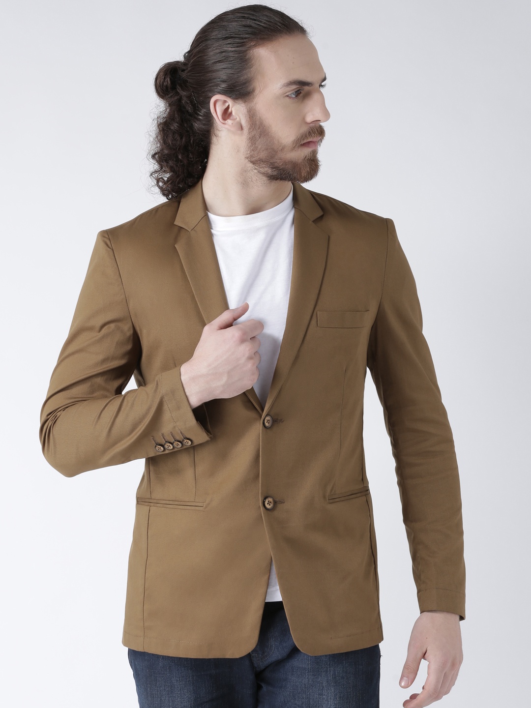 

DEYANN Khaki Single-Breasted Premium Cotton Slim Fit Formal Blazer