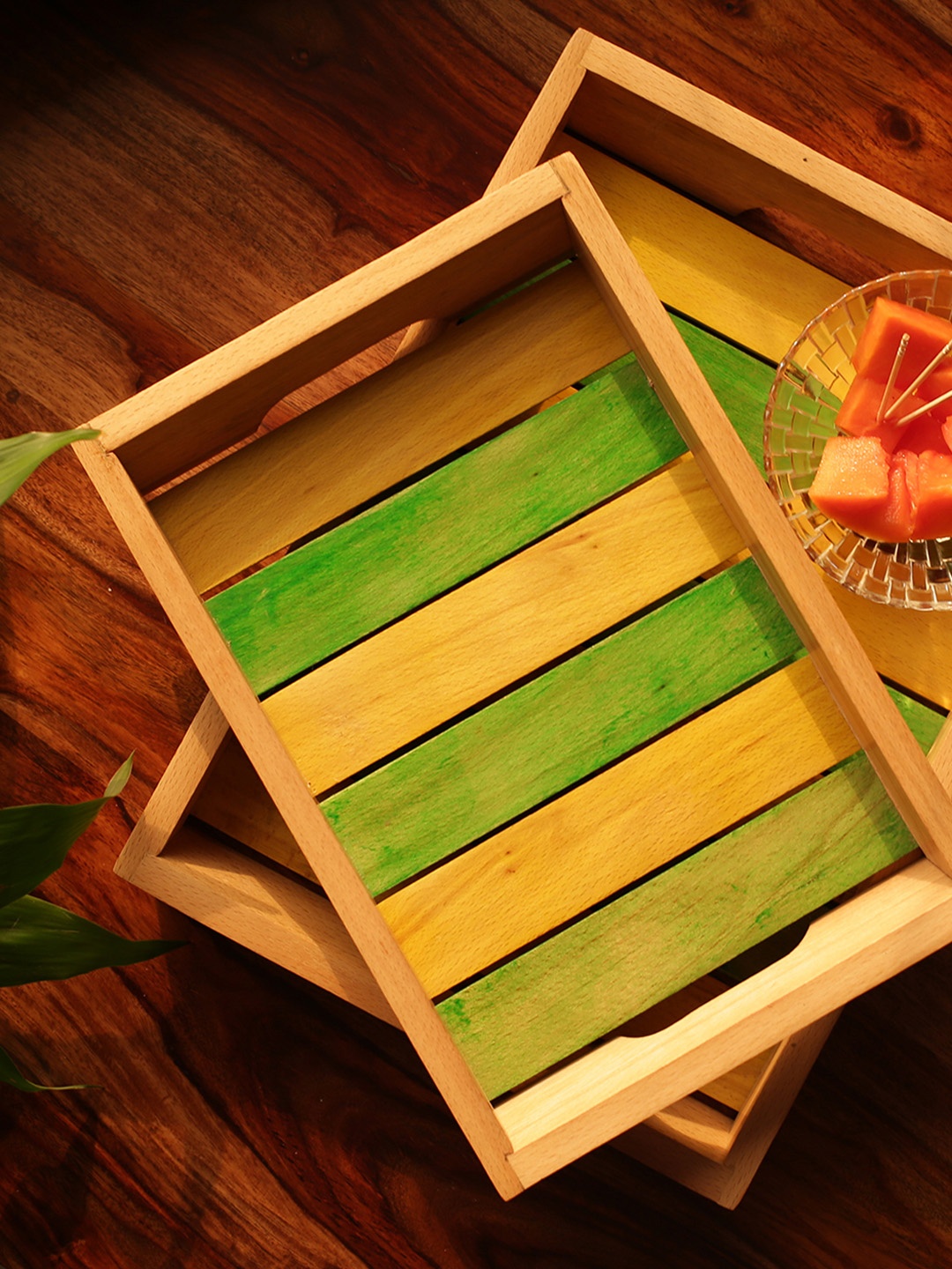 

ExclusiveLane Set of 2 Brown & Green Handcrafted Rectangular Wooden Serving Trays