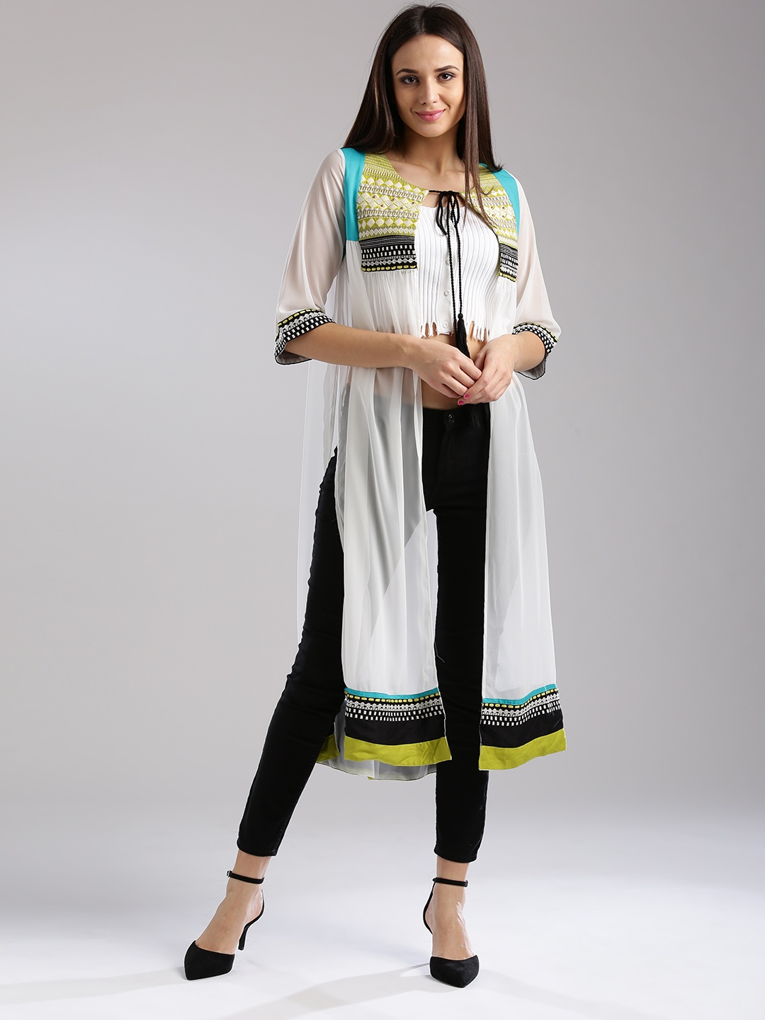 

W Women White Embroidered Longline Ethnic Jacket