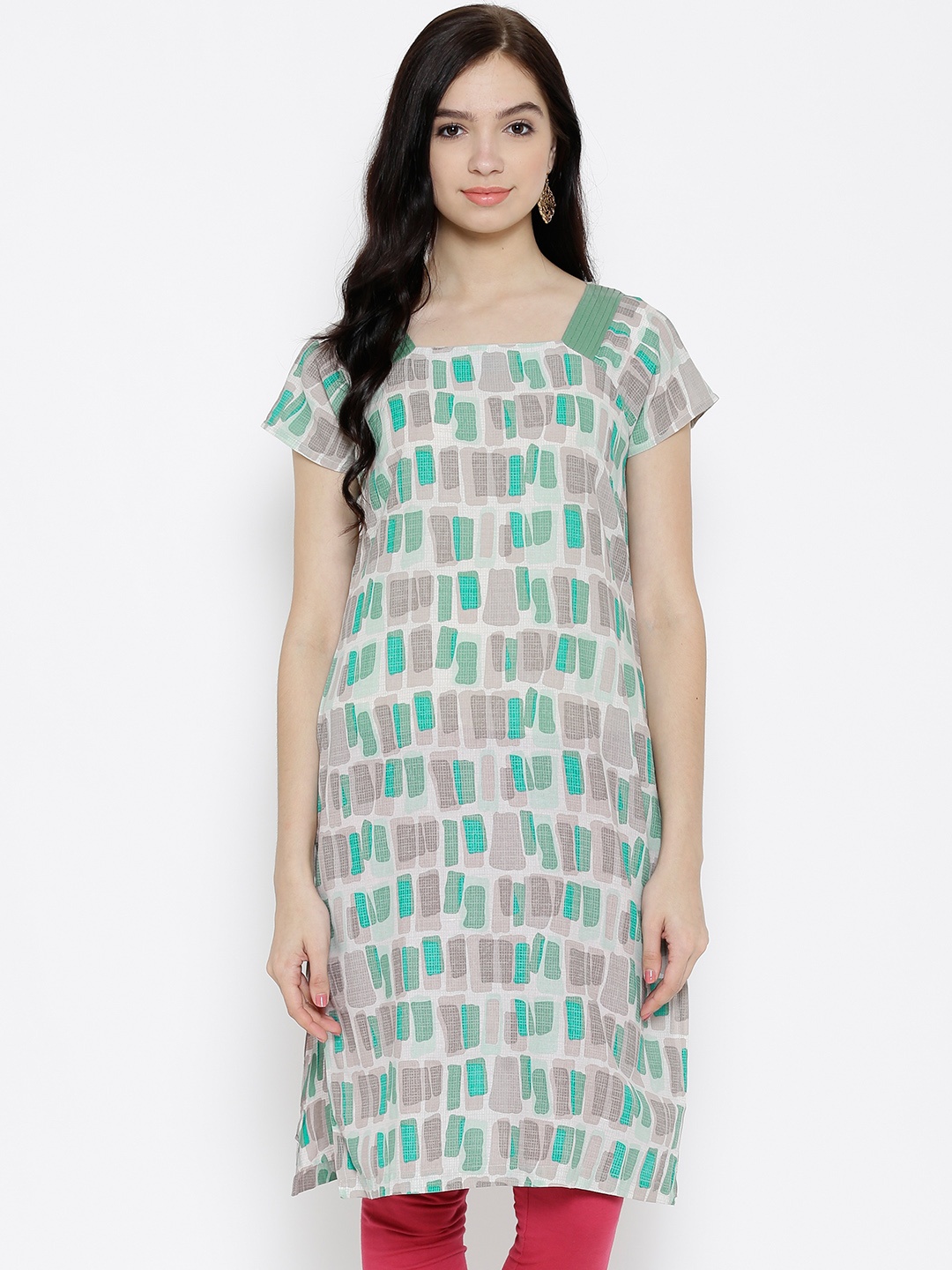 

W Women Beige & Green Printed Straight Kurta