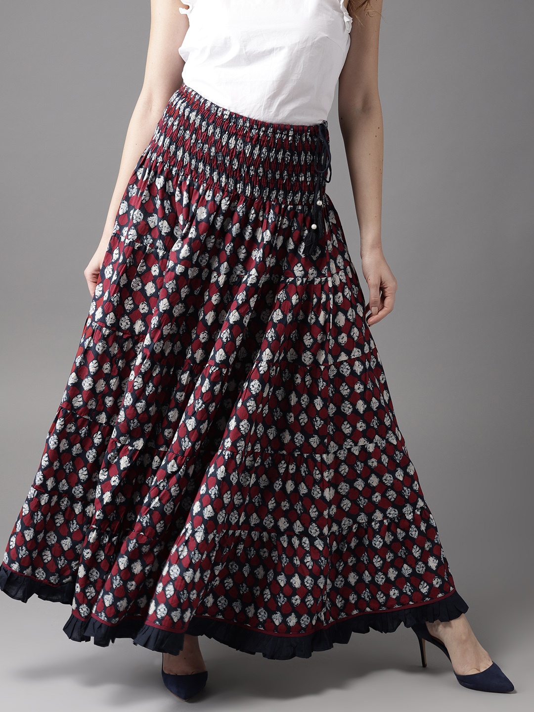 

HERE&NOW Bottoms Up High-Waisted Tiered Maxi Pure Cotton Skirt, Navy blue
