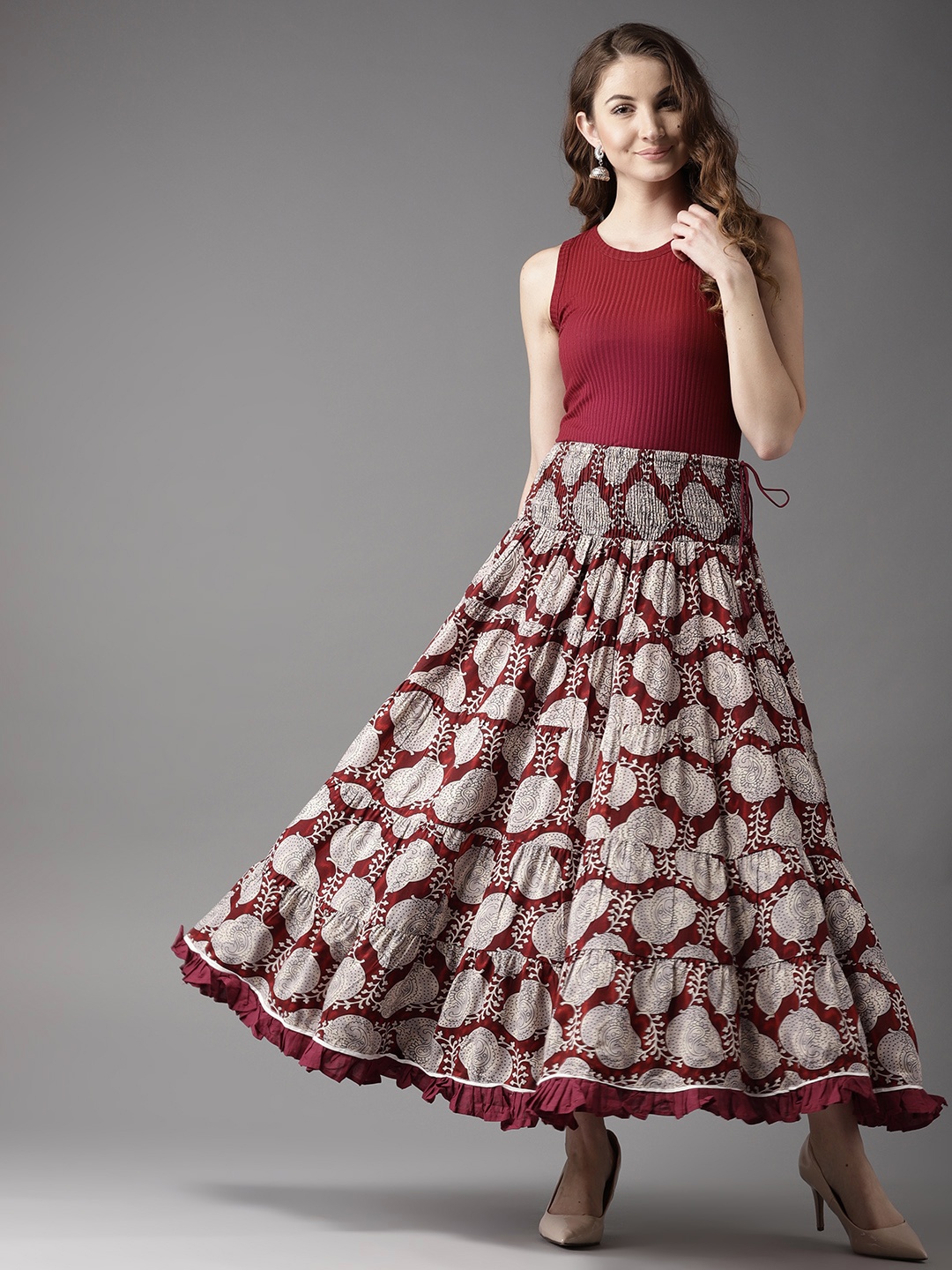 

HERE&NOW Sartorial Elegance Paisley Tiered Maxi Skirt, Maroon