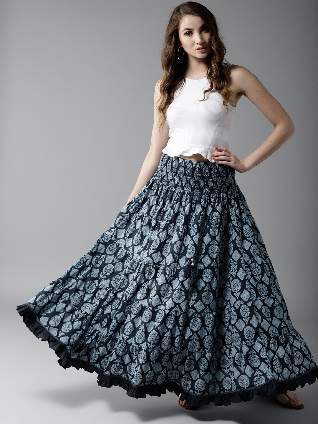 

HERE&NOW Blooming Beauty Tiered Maxi Pure Cotton Skirt, Blue