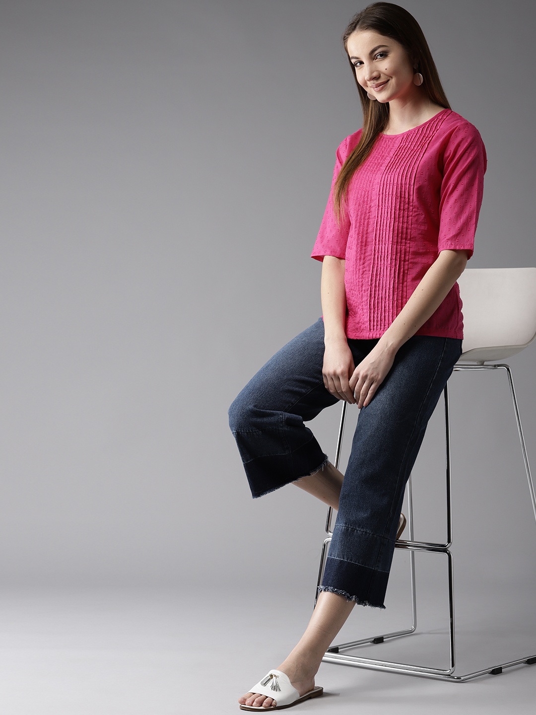 

HERE&NOW Women Pink Self Design Pure Cotton Top