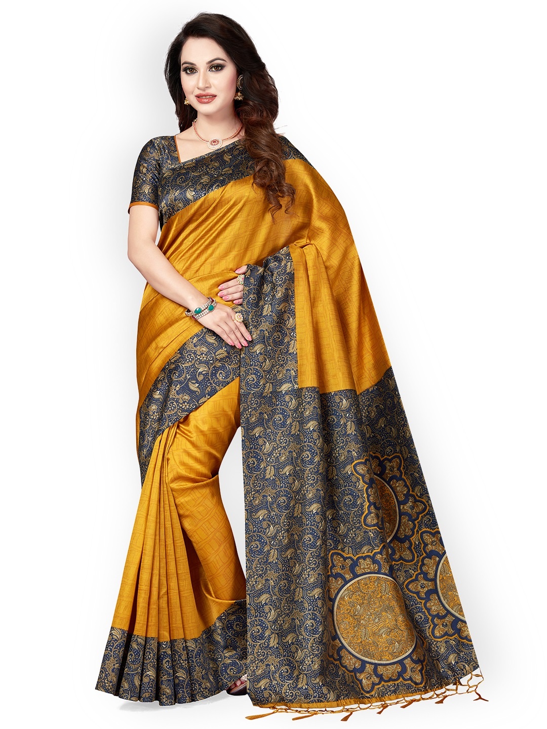 

Ishin Mustard Art Silk Printed Mysore Silk Saree